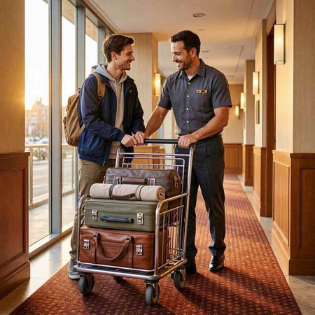 Two men walking with luggage in hotel lobby. Travel and tourism concept.