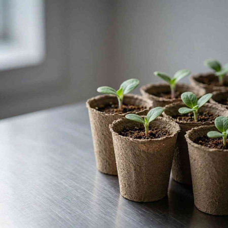Small seedlings in biodegradable peat pots on the kitchen table