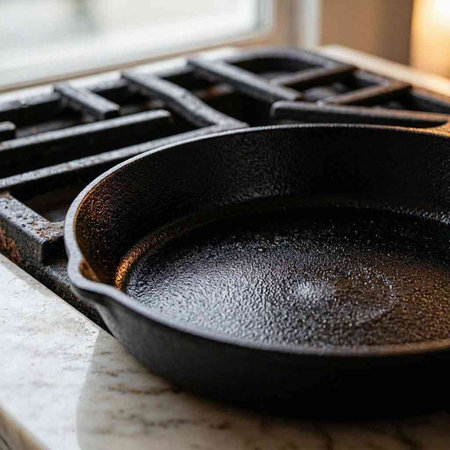 Cast iron frying pan on a gas stove in the kitchen. Close-up.