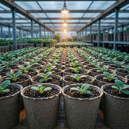 Greenhouse with seedlings of cucumbers in peat pots, selective focus