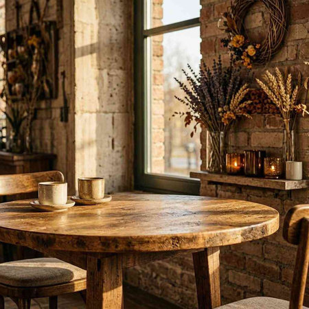 Wooden table and chairs in a cozy cafe with flowers and candles