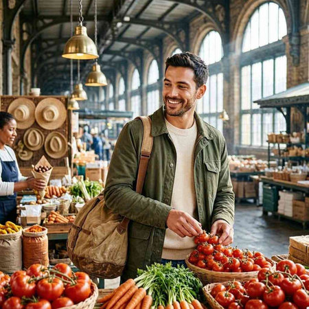 Man Selling Fresh Tomatoes at Farmers Market. Smiling Man Selling Organic Vegetables.
