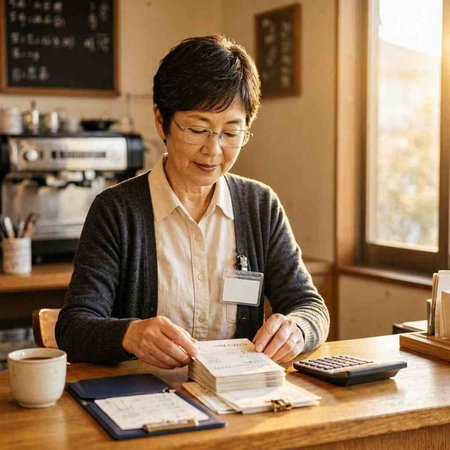 Senior asian woman reading a book with a cup of coffee and calculator