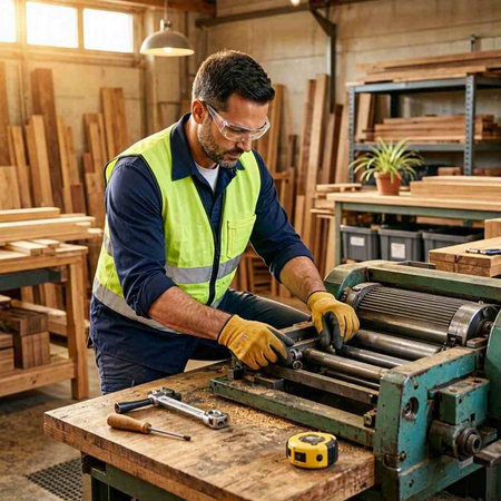 Carpenter working on woodworking machine in a carpentry workshop