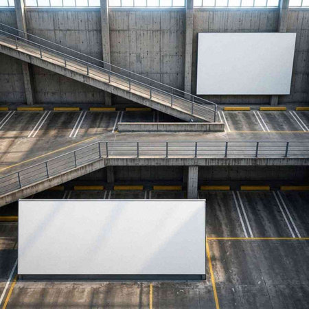 3D rendering of an underground parking lot with a large blank billboard