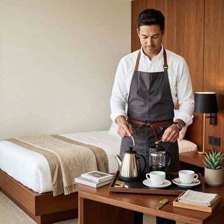 Handsome man preparing coffee in the morning at his hotel room