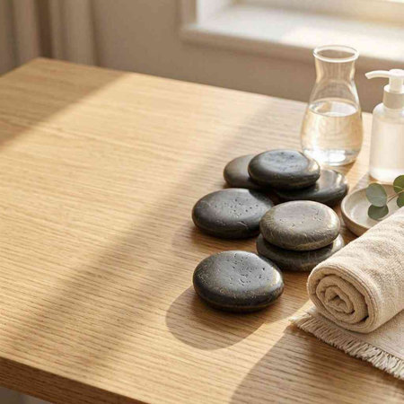 Spa stones and towels on a wooden table in a beauty salon