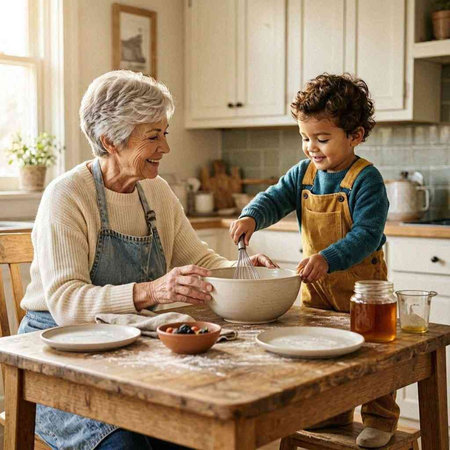 Grandmother And Grandson Making Baking In Kitchen At Home Together