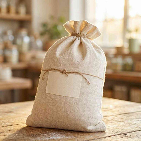 Sack of burlap on a wooden table in the kitchen.