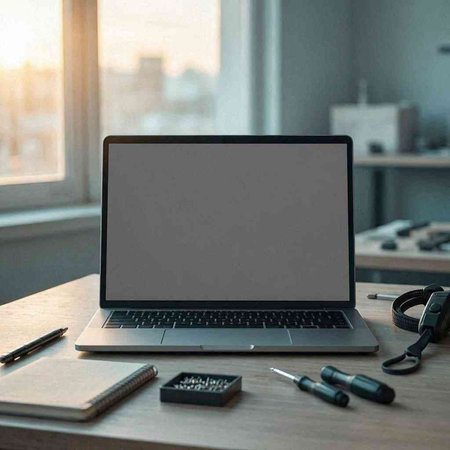 Laptop computer with blank screen on table in home office. Freelance work concept.