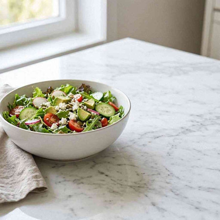 Fresh salad with arugula, cucumber, tomatoes and feta cheese in a white bowl on a marble table.