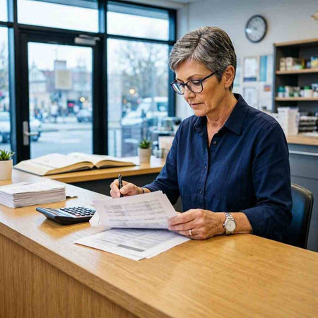 Mature man with eyeglasses doing paperwork in a coffee shop