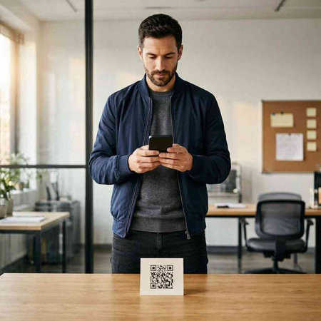 Man using smartphone and QR code at desk in office. Smartphone with QR code on it.