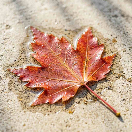 Maple leaf on the ground with water drops. Autumn background.