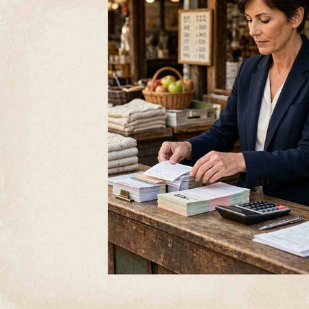 Businesswoman counting money in a restaurant. Vintage style. Copy space.