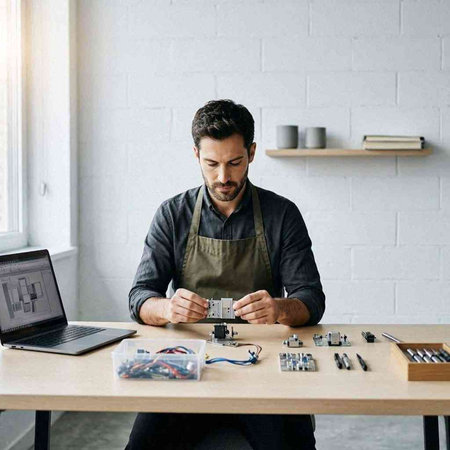 Portrait of a young man in apron working with electronic components at home