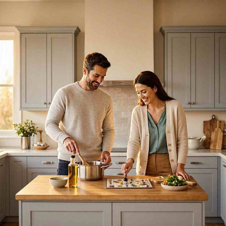 Happy young couple cooking together in the kitchen at home. Healthy food concept