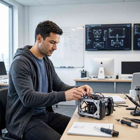 Engineer working on a computer in a modern office. Technology and engineering concept.