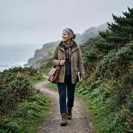 Senior woman walking on a path on the coast of the Atlantic Ocean.