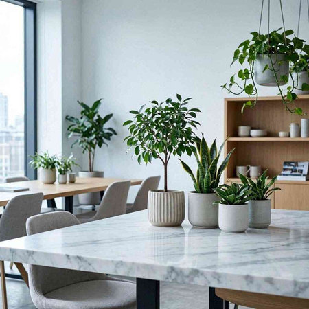 Interior of modern dining room with white marble table, chairs and plants