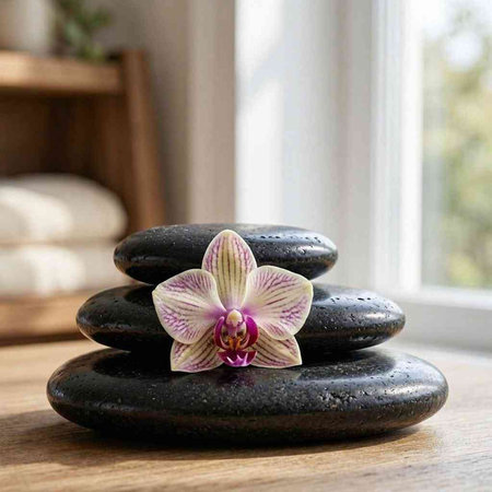 Spa stones with orchid flower on wooden table. Zen concept