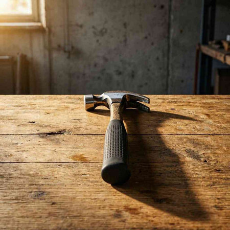 Hammer on a wooden table in a carpentry workshop. Selective focus.