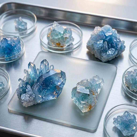 Blue crystals in petri dishes on a table in a laboratory.