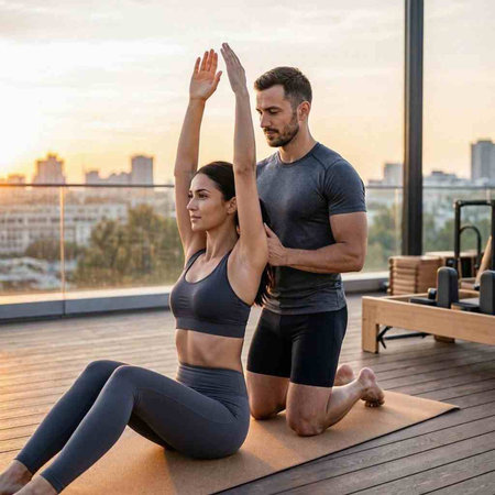 Athletic man and woman doing yoga in the morning at the gym.