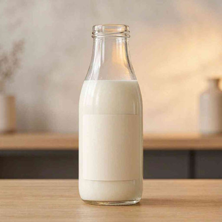 A bottle of milk on a wooden table in a modern kitchen.