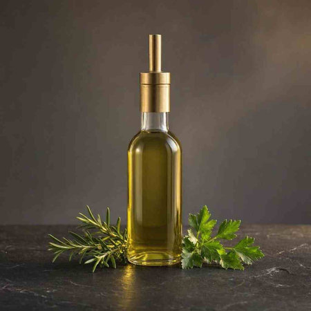 Olive oil in glass bottle with fresh herbs on dark background.