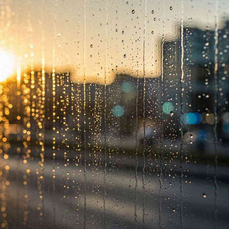Water drops on the window in the city at sunset. Abstract background.