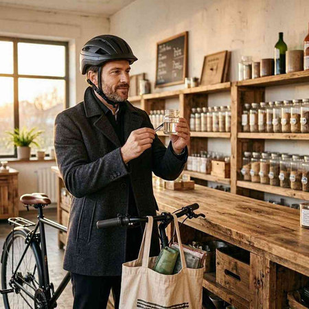 Elegant man with bicycle and glass of water in cafe.