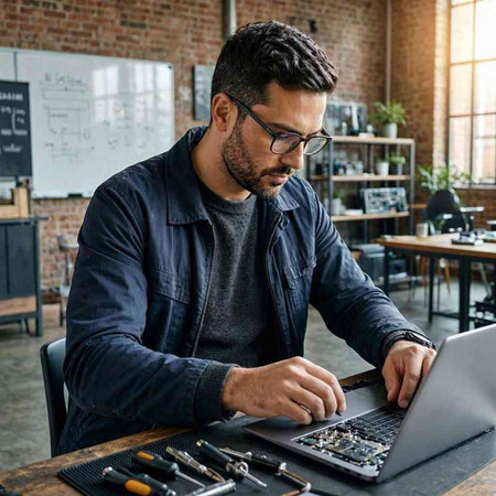 Handsome caucasian man in casual clothes and eyeglasses is repairing a laptop in the workshop.