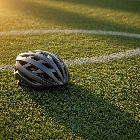 Bicycle helmet on the green grass of a soccer field in sunset