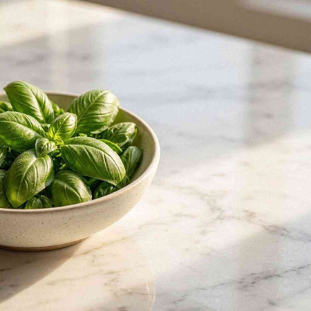 Fresh basil leaves in a bowl on white marble table with copy space