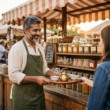 Barista serving coffee to customer at counter in outdoor cafe. Smiling mature man serving cup of coffee to woman customer.