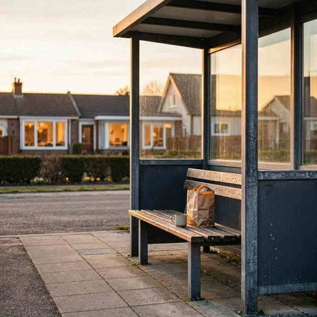 A bench in front of a house in the evening light at sunset