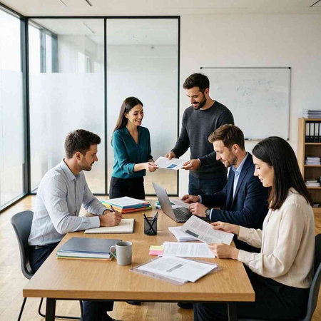 Group of business people working together in modern office. Businessmen and businesswomen shaking hands, finishing up a meeting.