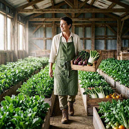 Woman in apron holding box with fresh organic vegetables in a greenhouse