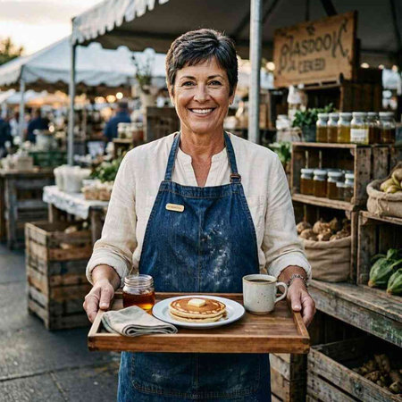 Portrait of a senior woman holding a tray of food at a farmers market