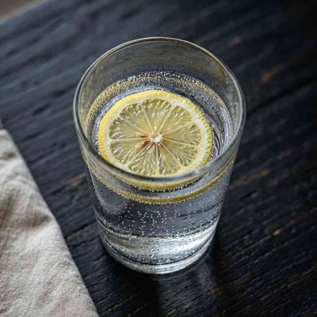 A glass of water with lemon on a black background, selective focus