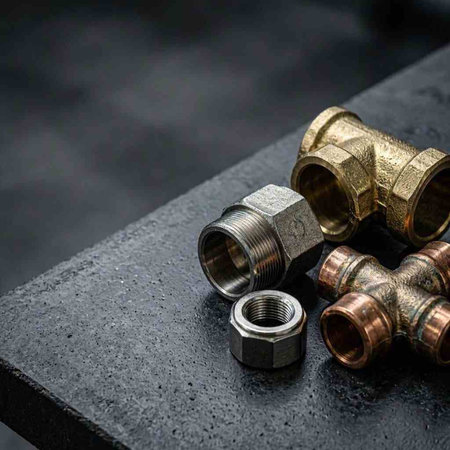 Brass plumbing fittings on a dark background. Selective focus.