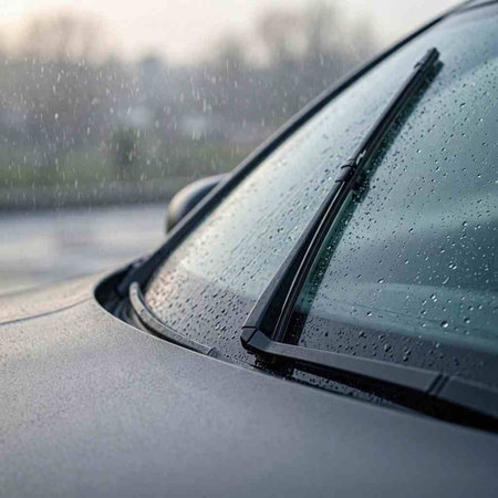 Car windshield with raindrops on it. Focus on the glass.
