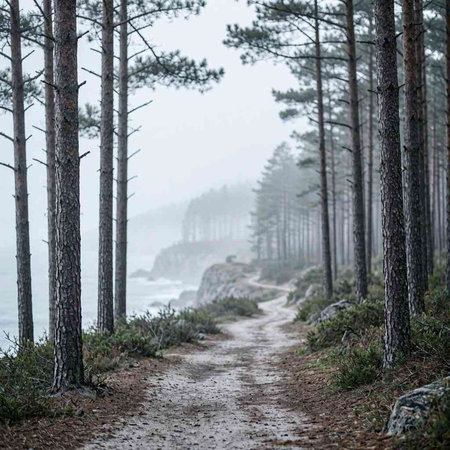 Path in the misty pine forest on the Baltic Sea coast.