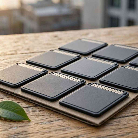 Close-up of black SIM cards with green leaf on wooden table