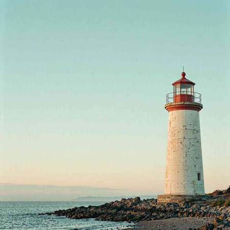 Lighthouse on the seashore at sunset. Toned.