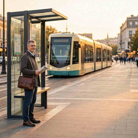 Businessman reading newspaper in bus stop and looking at camera. Trolleybus in background.