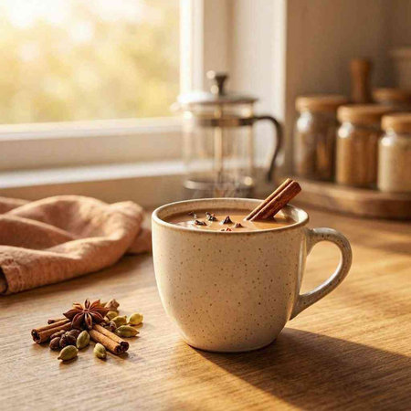 Cup of coffee with cinnamon and cardamom on wooden table