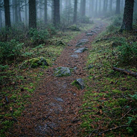 Path in the dark forest in a foggy morning. Selective focus.