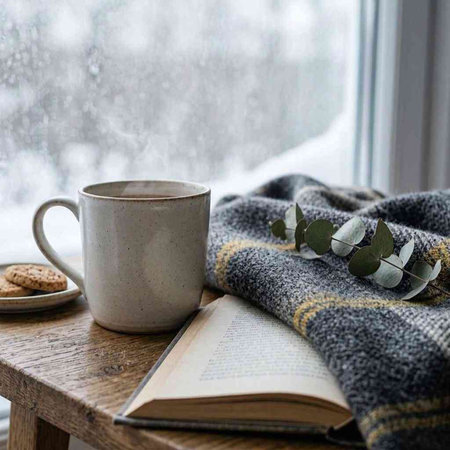 Cup of coffee, book, cookies and blanket on the windowsill.